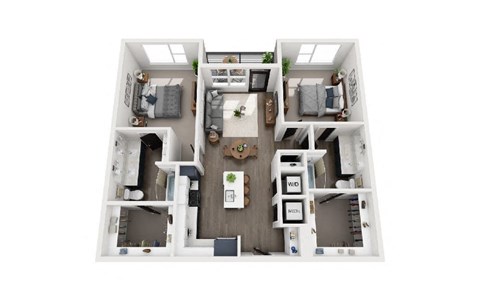 A top-down view of a house layout with a central living area and surrounding rooms.